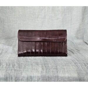 Genuine Eel Skin Women's Trifold Snap Wallet 7.5" X 4" Lightweight Brown